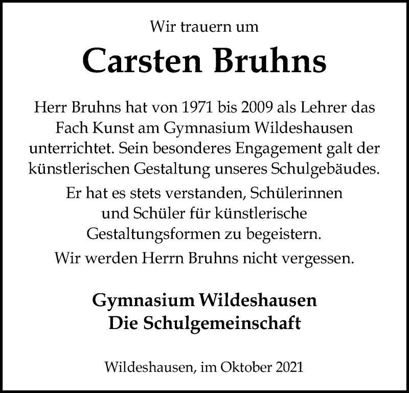  Traueranzeige für Carsten Bruhns vom 19.10.2021 aus SYK