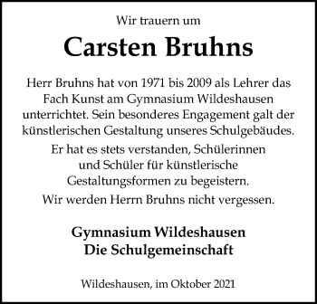 Traueranzeige von Carsten Bruhns von SYK