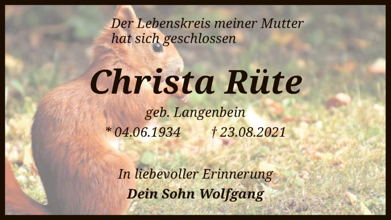  Traueranzeige für Christa Rüte vom 30.10.2021 aus SYK