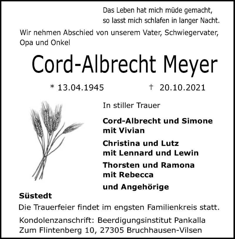  Traueranzeige für Cord-Albrecht Meyer vom 23.10.2021 aus SYK