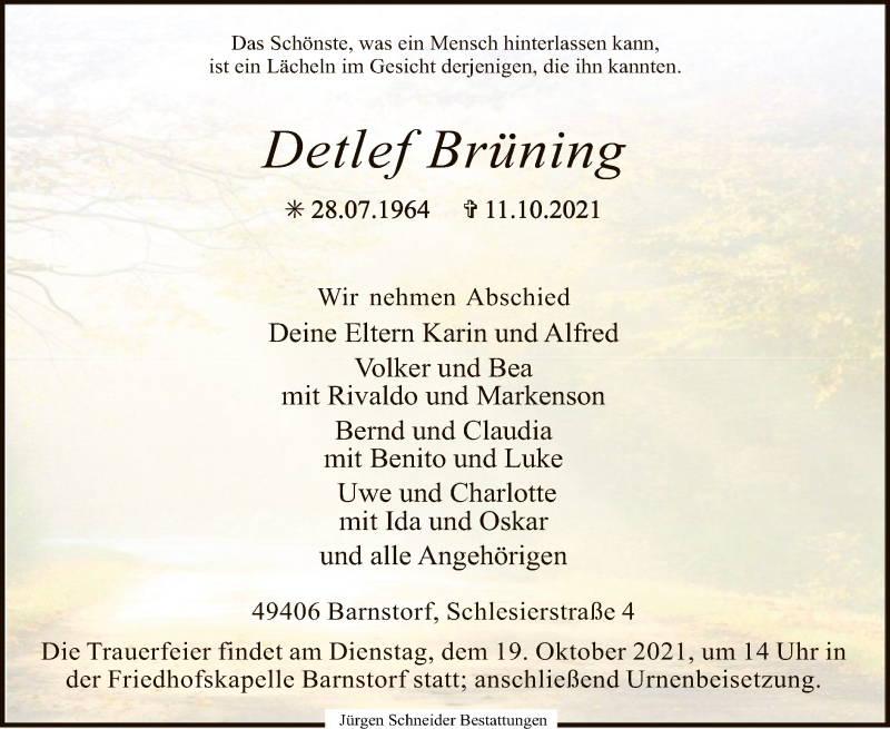  Traueranzeige für Detlef Brüning vom 15.10.2021 aus SYK