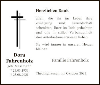 Traueranzeige von Dora Fahrenholz von SYK