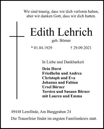 Traueranzeige von Edith Lehrich von SYK