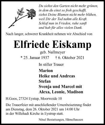 Traueranzeige von Elfriede Eiskamp von SYK