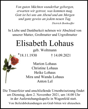 Traueranzeige von Elisabeth Lohaus von SYK