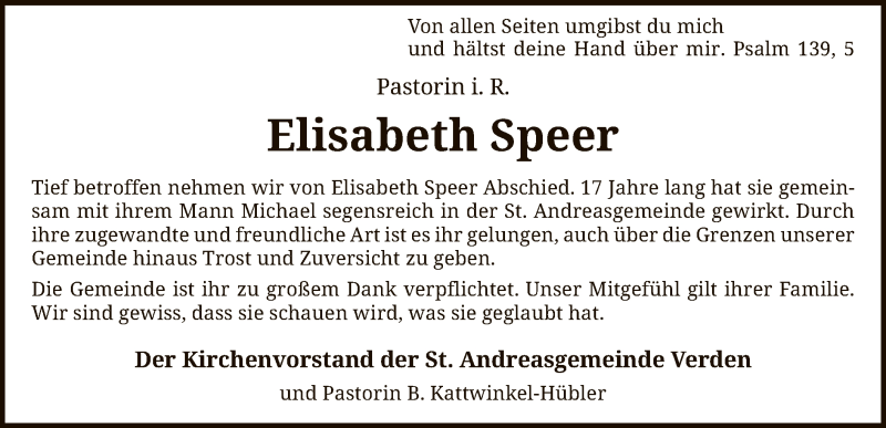  Traueranzeige für Elisabeth Speer vom 06.10.2021 aus SYK