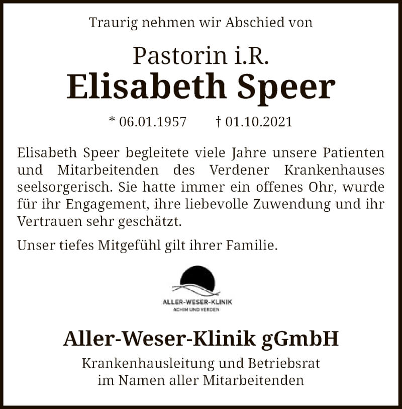  Traueranzeige für Elisabeth Speer vom 09.10.2021 aus SYK
