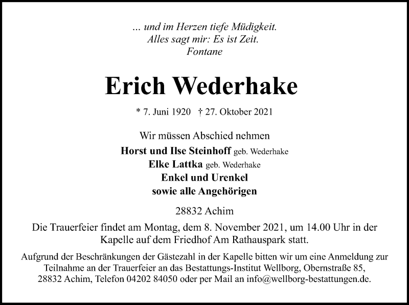  Traueranzeige für Erich Wederhake vom 30.10.2021 aus SYK