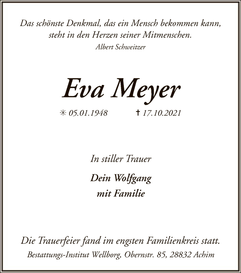  Traueranzeige für Eva Meyer vom 26.10.2021 aus SYK