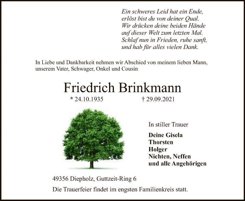  Traueranzeige für Friedrich Brinkmann vom 01.10.2021 aus SYK