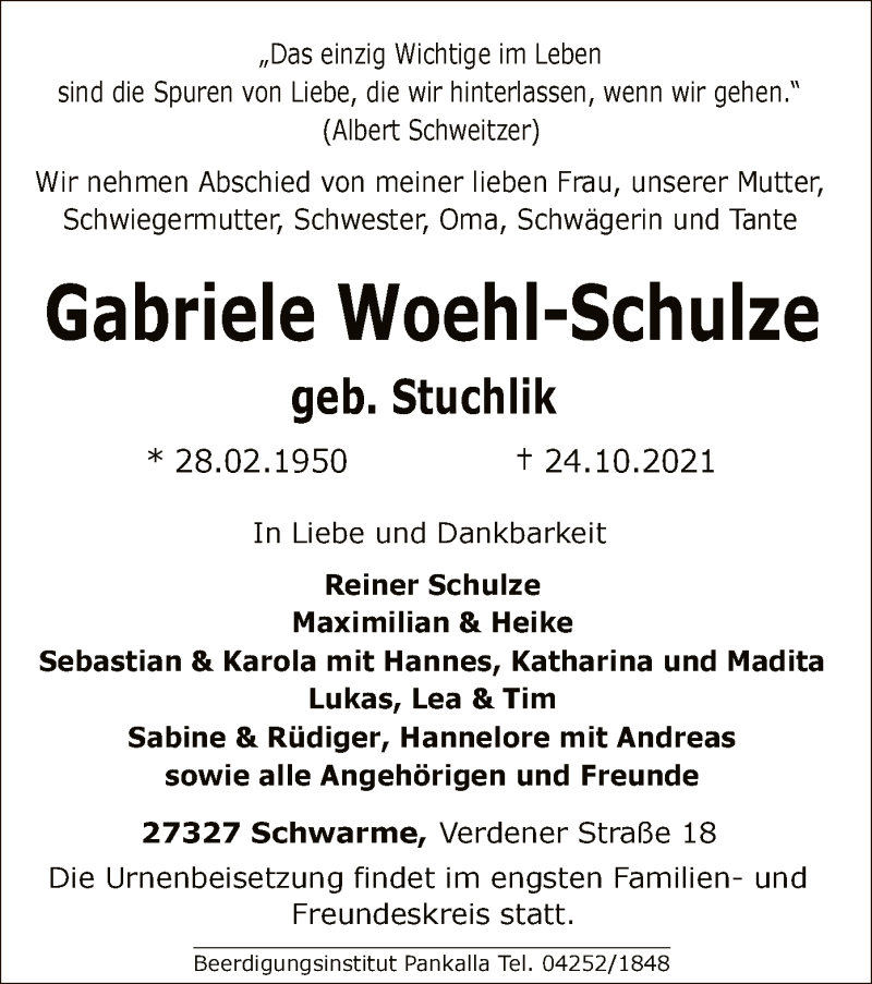  Traueranzeige für Gabriele Woehl-Schulze vom 27.10.2021 aus SYK