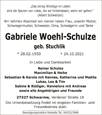 Traueranzeige von Gabriele Woehl-Schulze von SYK