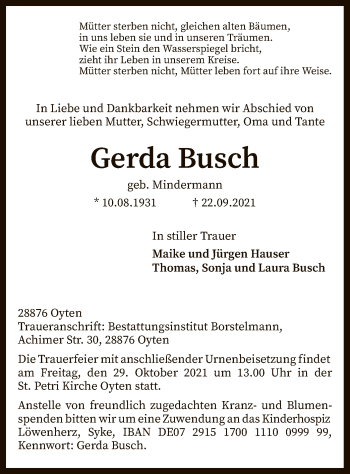 Traueranzeige von Gerda Busch von SYK