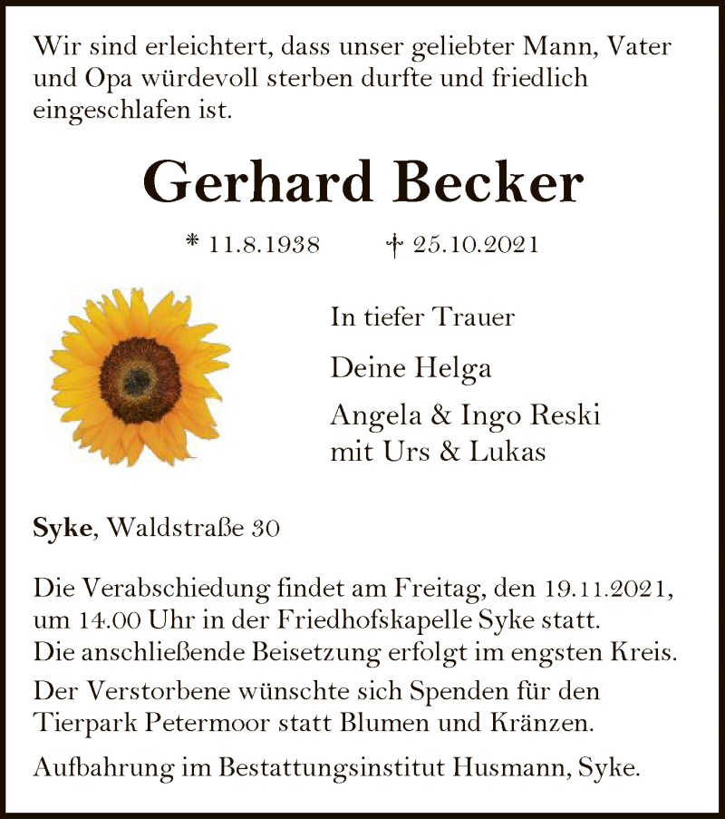  Traueranzeige für Gerhard Becker vom 28.10.2021 aus SYK