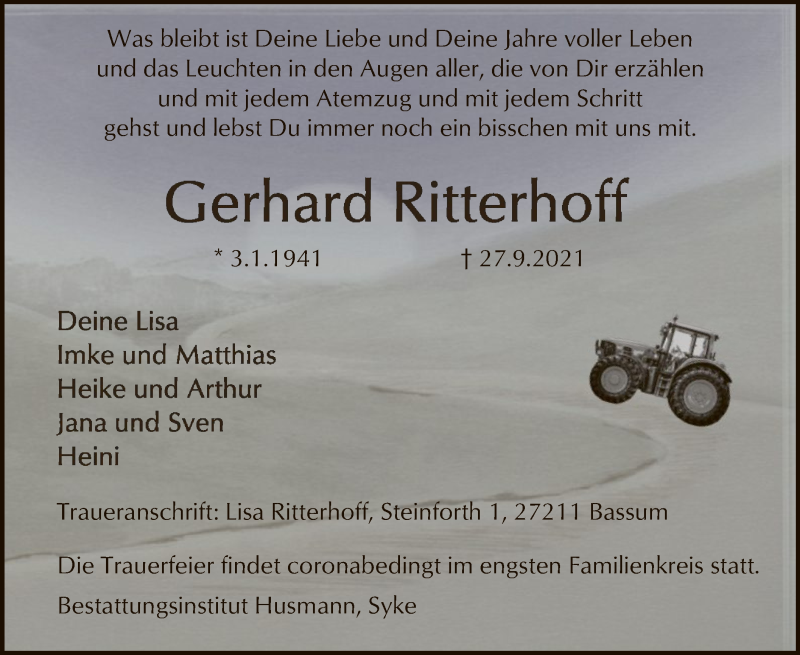  Traueranzeige für Gerhard Ritterhoff vom 02.10.2021 aus SYK