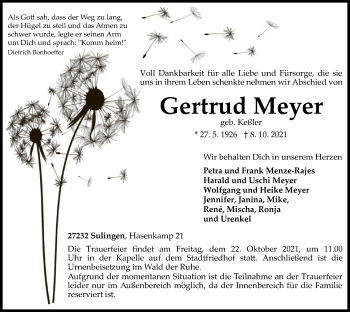 Traueranzeige von Gertrud Meyer von SYK