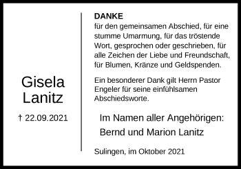 Traueranzeige von Gisela Lanitz von SYK