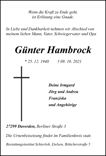 Traueranzeige von Günter Hambrock von SYK