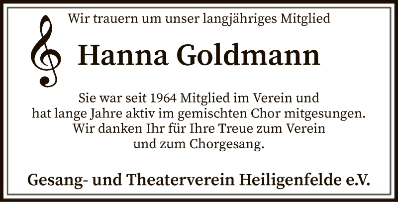  Traueranzeige für Hanna Goldmann vom 23.10.2021 aus SYK