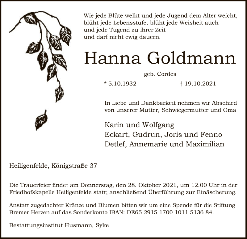  Traueranzeige für Hanna Goldmann vom 23.10.2021 aus SYK