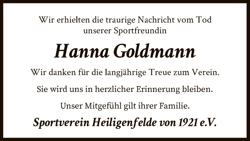  Traueranzeige für Hanna Goldmann vom 23.10.2021 aus SYK