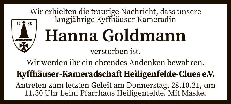  Traueranzeige für Hanna Goldmann vom 23.10.2021 aus SYK