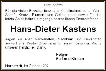 Traueranzeige von Hans-Dieter Kastens von SYK