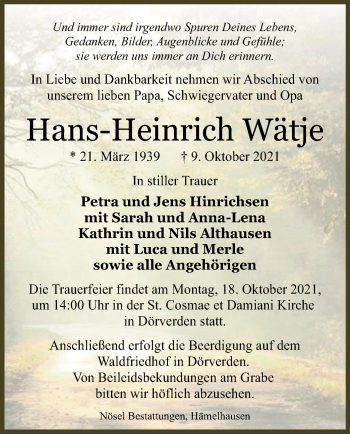 Traueranzeige von Hans-Heinrich Wätje von SYK