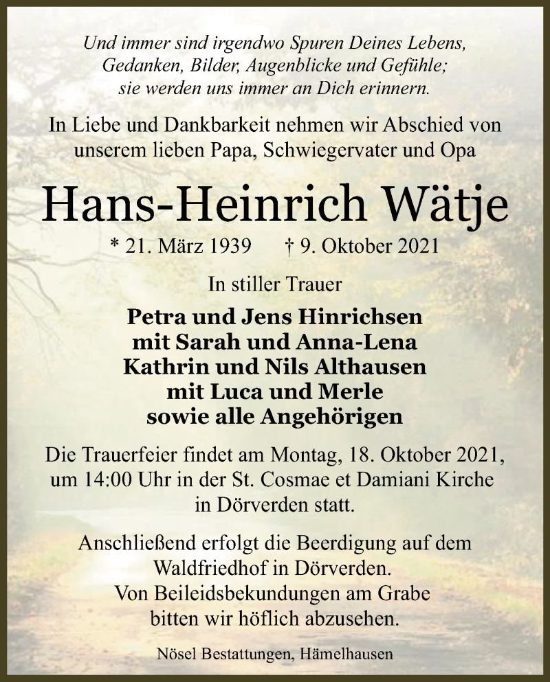  Traueranzeige für Hans-Heinrich Wätje vom 15.10.2021 aus SYK