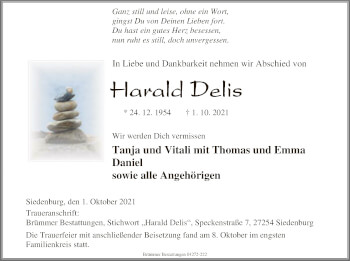 Traueranzeige von Harald Delis von SYK