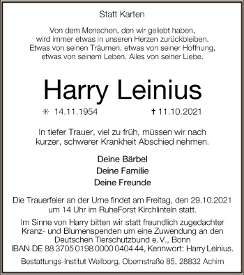 Traueranzeige von Harry Leinius von SYK