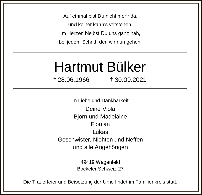  Traueranzeige für Hartmut Bülker vom 05.10.2021 aus SYK