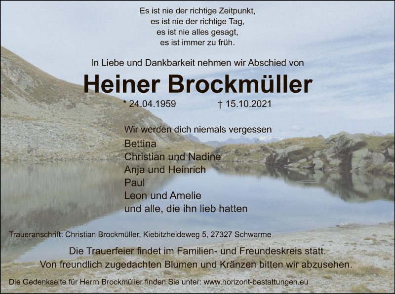  Traueranzeige für Heiner Brockmüller vom 22.10.2021 aus SYK