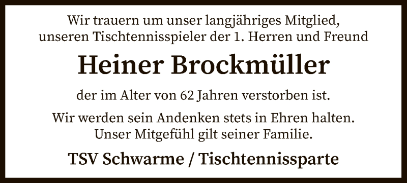  Traueranzeige für Heiner Brockmüller vom 23.10.2021 aus SYK