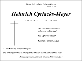 Traueranzeige von Heinrich Cyriacks-Meyer von SYK