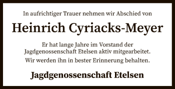 Traueranzeige von Heinrich Cyriacks-Meyer von SYK