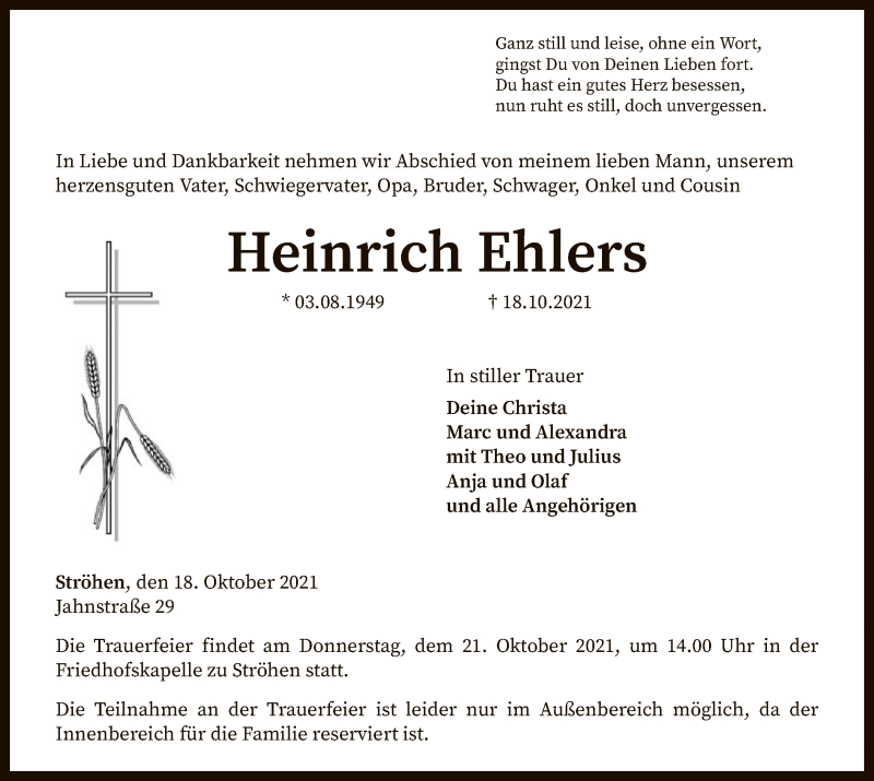  Traueranzeige für Heinrich Ehlers vom 20.10.2021 aus SYK