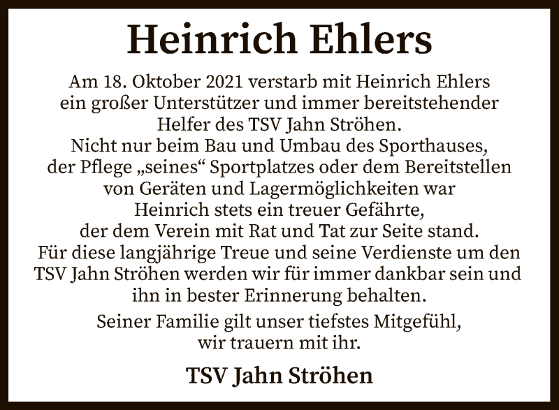  Traueranzeige für Heinrich Ehlers vom 21.10.2021 aus SYK