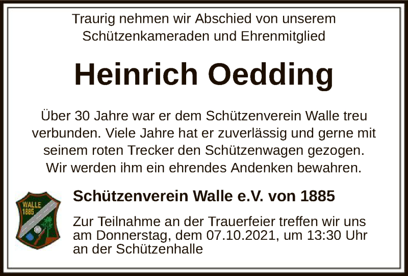  Traueranzeige für Heinrich Oedding vom 02.10.2021 aus SYK