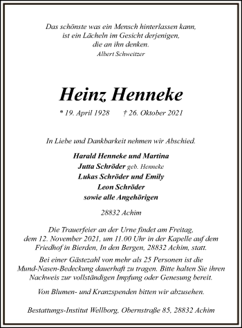 Traueranzeige von Heinz Henneke von SYK