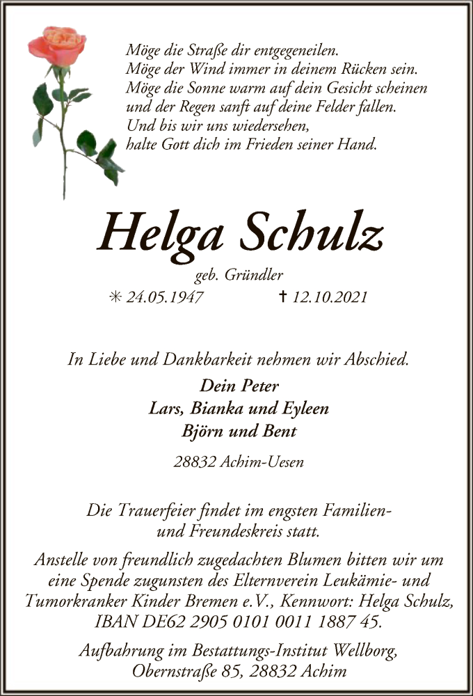  Traueranzeige für Helga Schulz vom 16.10.2021 aus SYK