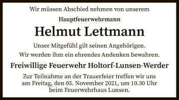 Traueranzeige von Helmut Lettmann von SYK