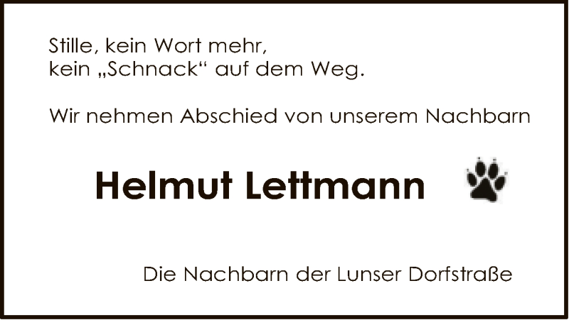  Traueranzeige für Helmut Lettmann vom 30.10.2021 aus SYK