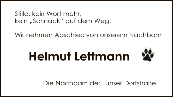 Traueranzeige von Helmut Lettmann von SYK