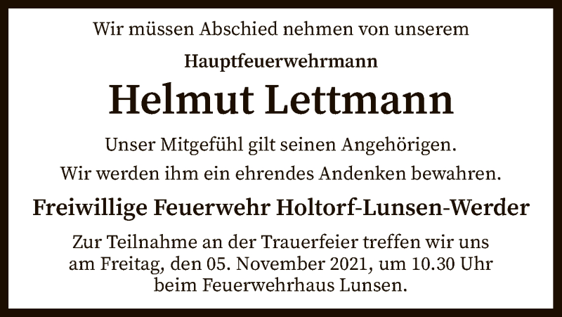  Traueranzeige für Helmut Lettmann vom 30.10.2021 aus SYK