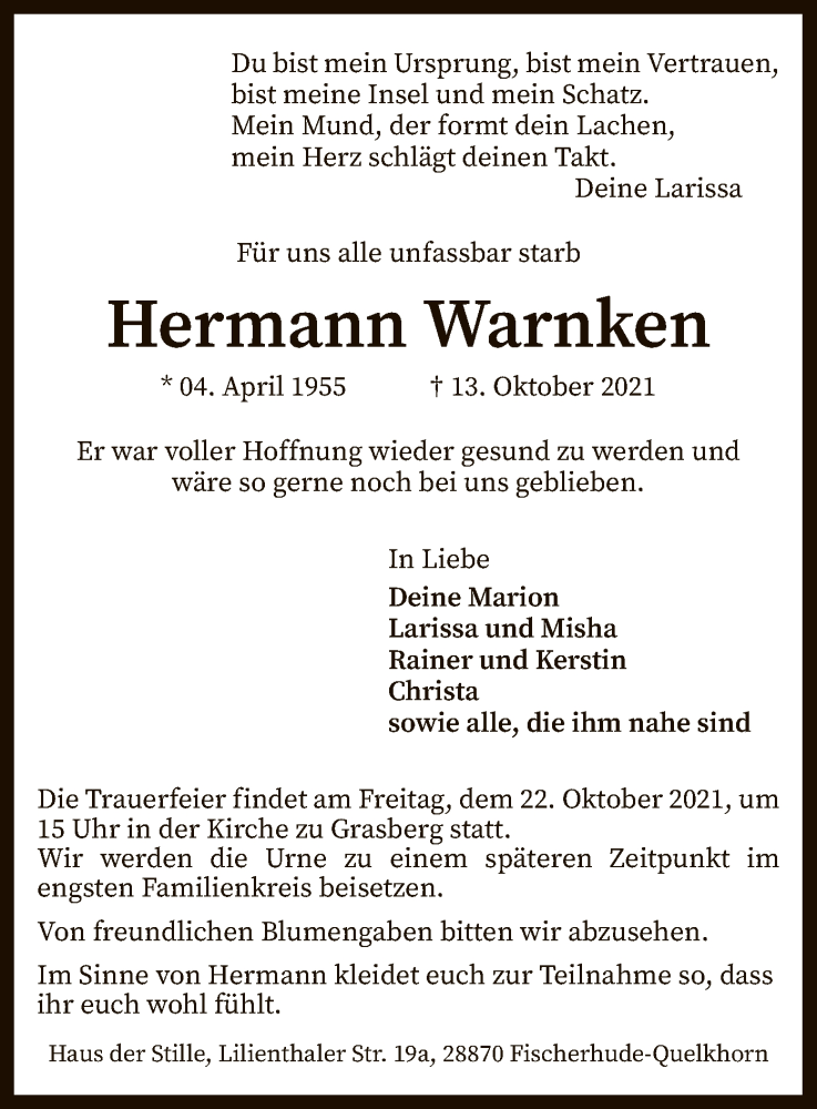  Traueranzeige für Hermann Warnken vom 16.10.2021 aus SYK
