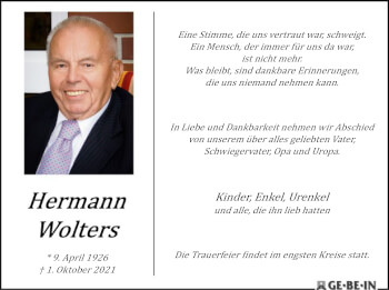 Traueranzeige von Hermann Wolters von SYK