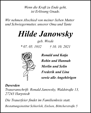 Traueranzeige von Hilde Janowsky von SYK