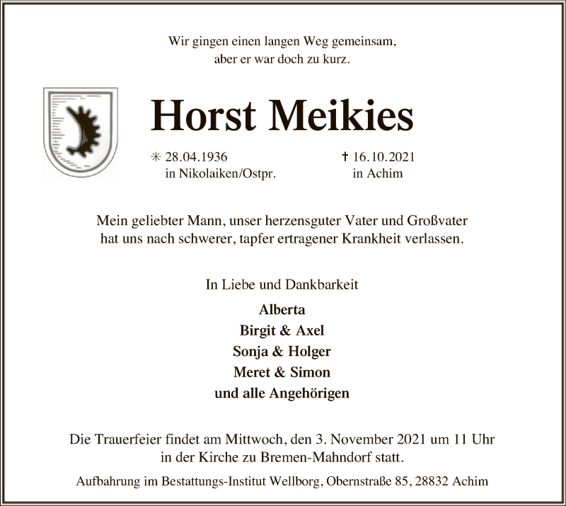  Traueranzeige für Horst Meikies vom 23.10.2021 aus SYK