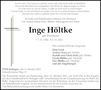 Traueranzeige von Inge Höltke von SYK